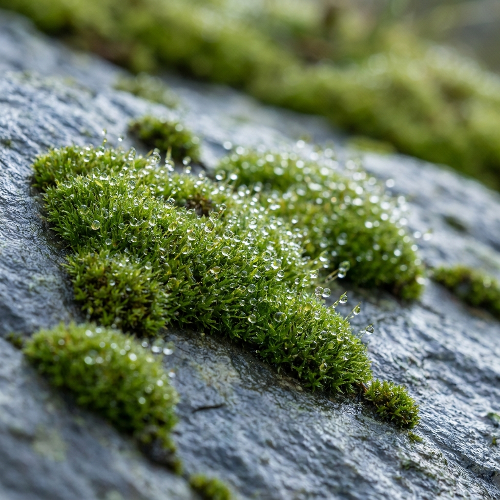 Schweizer Bergmoos mit Tautropfen